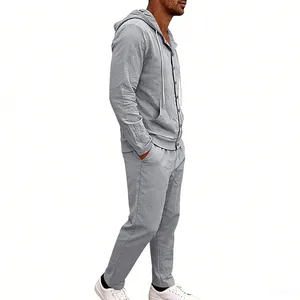 Comfortable men's loose linen hooded shirt and casual trousers two-piece set in grey