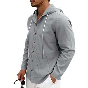 Side view of gray men's hooded linen cardigan with button closure and drawstring details.
