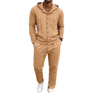 Close-up of men's loose khaki linen hooded shirt and matching trousers set for vacation