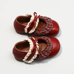 Retro red leather Mary Jane shoes for girls featuring plaid ruffles, lace trim and bows