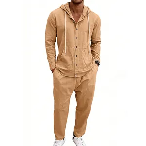 Casual men's loose linen hooded long sleeve shirt and matching pants set in khaki color
