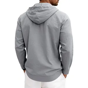 Back view of men's gray linen hooded long sleeve shirt showing fabric texture