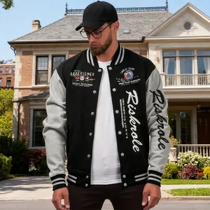 Men's stylish varsity baseball jacket with Risksrole letter print and striped trim