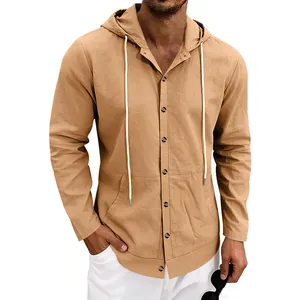 Casual men's tan linen hooded shirt with button-down front and drawstrings