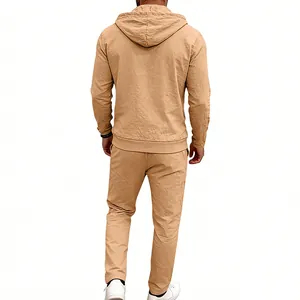Detailed back view of men's loose khaki linen hooded sweatshirt and long trousers set