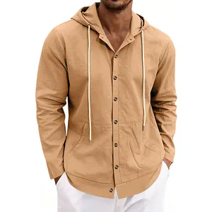 Close-up of a men's khaki linen hooded long sleeve shirt with functional front buttons