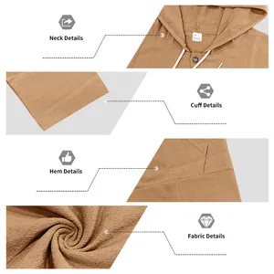 Detailed features of men's brown linen-like hoodie including neck and fabric texture