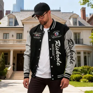 Men's black and grey varsity baseball jacket with letter print on front and sleeve