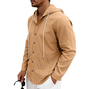 Close-up of men's casual hooded linen shirt with button details and drawstrings