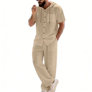 Men's casual 2-piece hooded short sleeve shirt and long pants set in beige cotton linen style