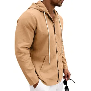 Side view of a men's khaki linen hooded shirt featuring a button-down front and drawstring
