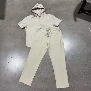 Men's casual short-sleeve hoodie and pants two-piece set in breathable beige linen fabric.