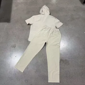 Men's two-piece casual set with short-sleeve hoodie and pants in beige