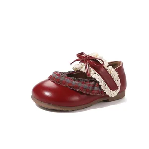 Vintage red Mary Jane princess shoes for girls with elegant lace and bow details