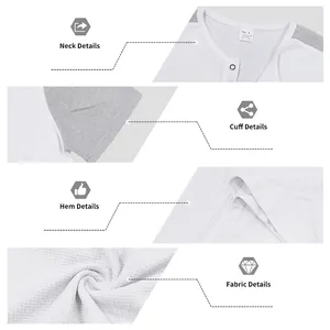 Detalles de cuello, puños y textura de gofre de una camiseta Henley blanca para hombre.