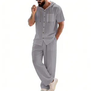 Men's casual grey hooded short-sleeve shirt and matching long trousers two-piece set