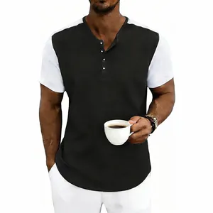 Camiseta Henley de punto gofrado para hombre con mangas en contraste y cierre de botones