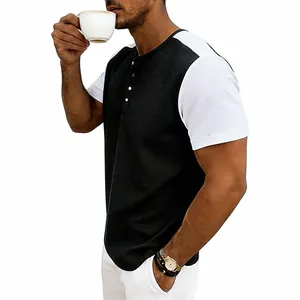 Camiseta Henley de punto gofrado para hombre con moderno diseño bloques de color