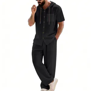 Men's casual black hooded short sleeve shirt and long pants two-piece set detail view.