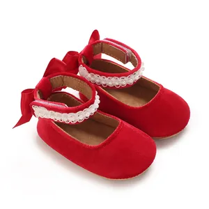 Red baby girl princess walking shoes featuring elegant silk bow and white pearl lace detail
