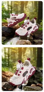 Detail view of breathable kids sneakers with rotary buckle in forest setting