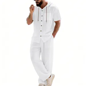Detailed view of men's casual white linen short-sleeved hooded shirt and trousers set