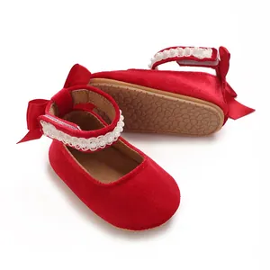 Red velvet baby girl princess walking shoes with bow and pearl strap for infants