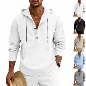 Ανδρικό Casual Λινό Μείγμα Πουκάμισο Henley με Κουκούλα Μακρυμάνικο Κορδόνι Παραλία Καλοκαιρινές Διακοπές Top Μονόχρωμο