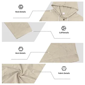 Detailansichten von Ausschnitt, Ärmelbündchen, Saum und Leinenstoff des Kapuzenshirts