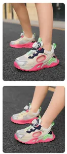 Detail of breathable mesh children's sneakers with quick-lace rotary buckle dial design