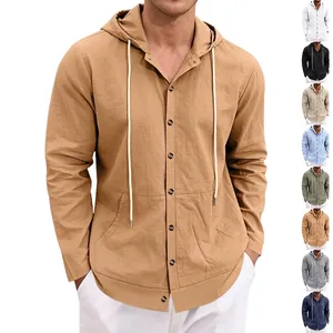 Men's Casual Linen Blend Hooded Shirt Long Sleeve Button Down Cardigan Beach Top Solid Color Loose Fit Spring Autumn Apparel