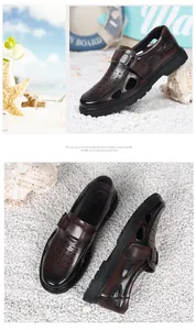 Breathable men's dark brown leather hollow-out casual sandals with velcro strap closure