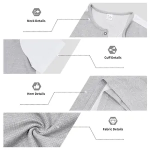 Primer plano detallado del tejido gofrado y las costuras de una camiseta Henley gris
