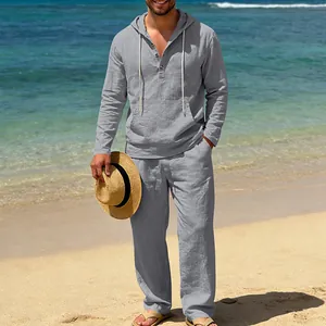 Graues Leinen-Set für Herren mit langärmeligem Kapuzen-Henley und Hose für den Strandurlaub