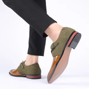 Close-up of men's olive green and brown leather dress shoes with monk strap detail