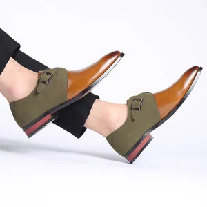 Side view of elegant men's two-tone monk strap dress shoes in brown leather and green suede.