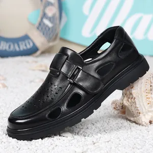 Men's Summer Cowhide Leather Casual Sandals Hollow Out Breathable Beach Shoes Flat Non-Slip Rubber Sole Slip-on Loafers For Men