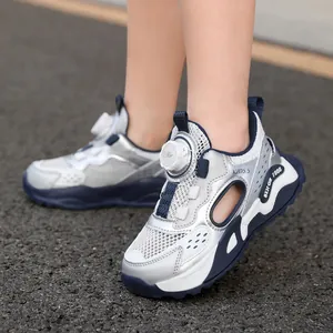 Breathable kids silver mesh sports shoes with convenient rotary buckle for summer