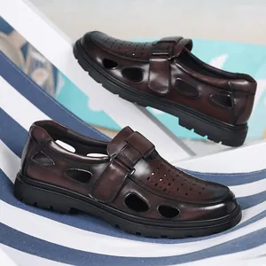 Classic dark brown leather hollow-out men's summer sandals with breathable design