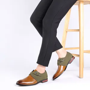 Detailed side view of men's two-tone monk strap dress shoes in brown and olive green
