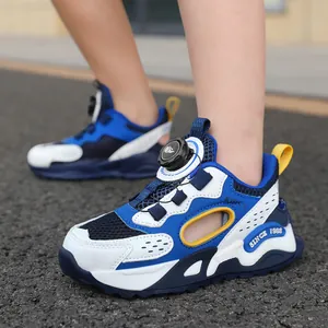 Breathable children's sports shoes with rotary buckle and hollow mesh blue design