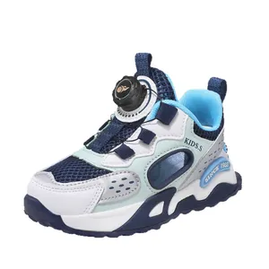 Breathable mesh kids sneakers with professional rotary buckle closure in blue and white
