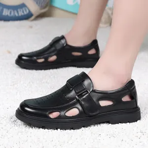 Breathable black leather hollow sandals for men featuring a casual outdoor leisure design