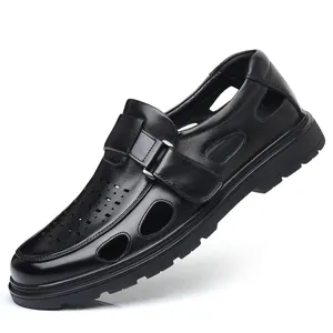 Breathable black leather men's sandals with hollow design and comfortable thick sole