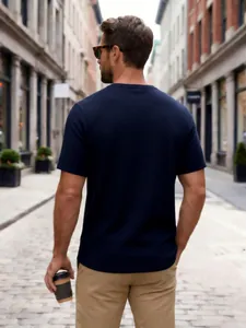 Detailed back view of a men's navy blue waffle knit slim fit short sleeve t-shirt