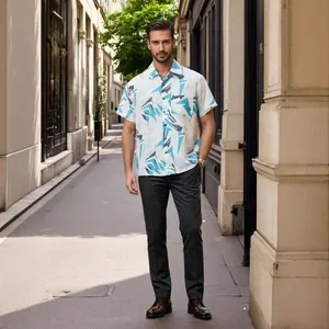 Men Geometric Print Cotton Short Sleeve Shirt Casual Beach Button Down Lapel Collar Fashion Summer Tropical Style Top