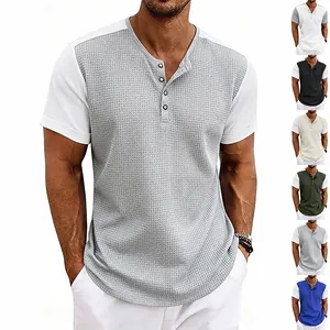 Camiseta Henley de Punto de Gofre Casual para Hombre Color de Contraste Patchwork Manga Corta Top Transpirable de Verano