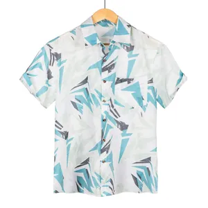 Casual men's short sleeve Hawaiian shirt with teal geometric pattern on white background