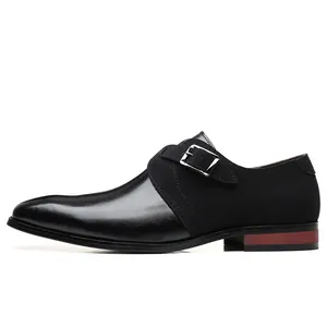 Detailed side view of black smooth leather and suede monk strap formal dress shoe