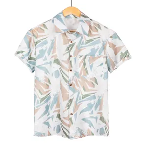 Men's short-sleeved Hawaiian shirt featuring a vibrant abstract geometric pattern on white